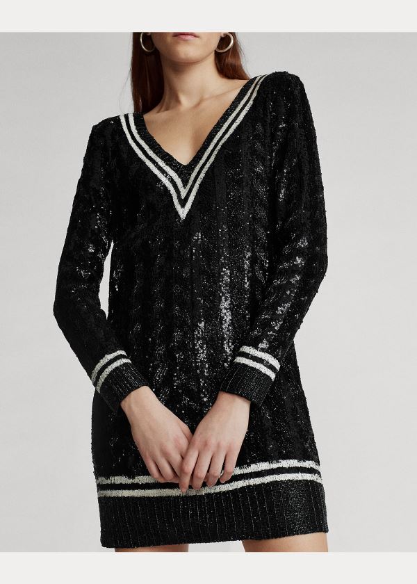 Ralph Lauren Sequined Cricket Svetrové Šaty Černé | Atapoax4