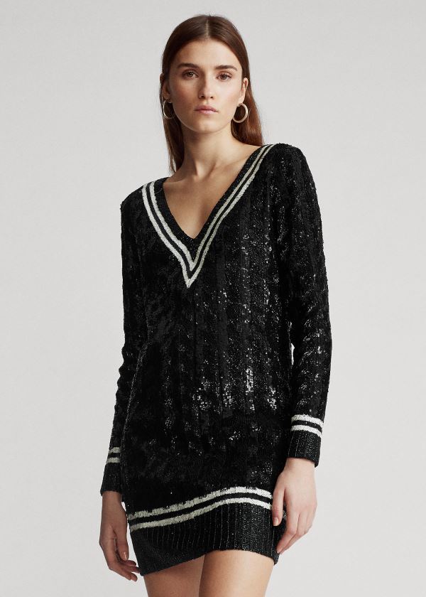 Ralph Lauren Sequined Cricket Svetrové Šaty Černé | Atapoax4
