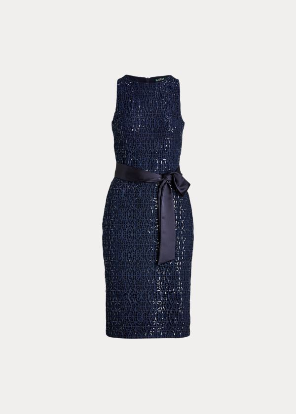 Ralph Lauren Sequined-Krajkové Cocktail Šaty Tmavě Blankyt | mVYme0Jg