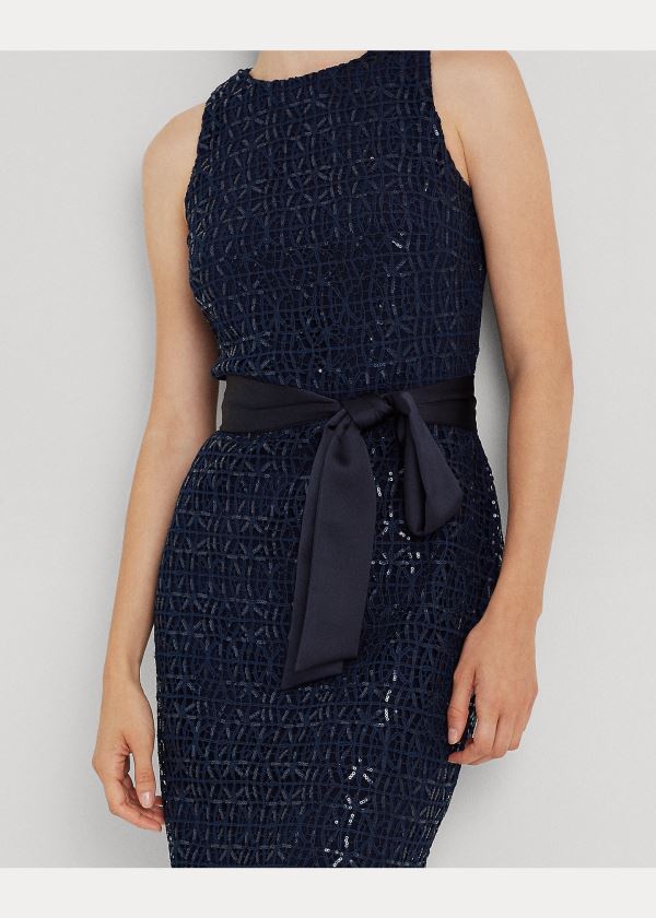 Ralph Lauren Sequined-Krajkové Cocktail Šaty Tmavě Blankyt | mVYme0Jg
