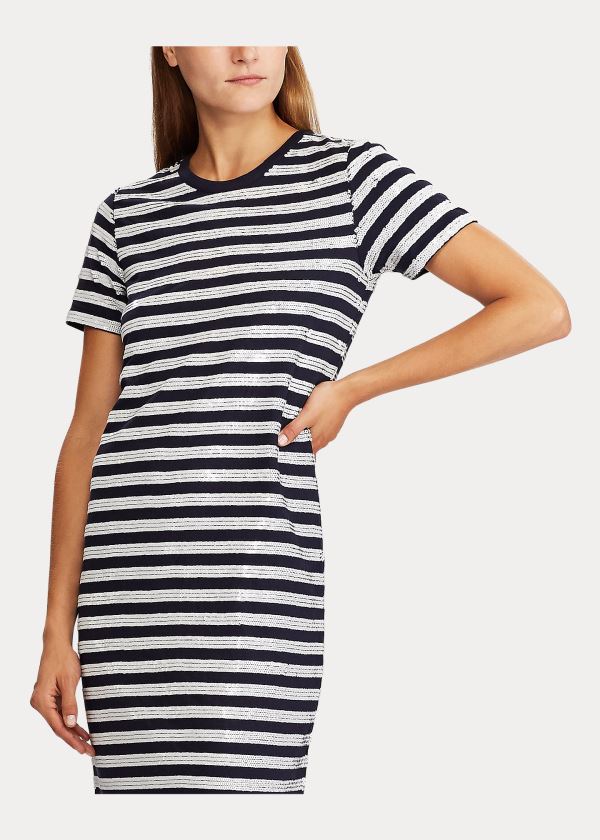 Ralph Lauren Sequined Krátké-Sleeve Šaty Tmavě Blankyt Krém | UXSjR88N