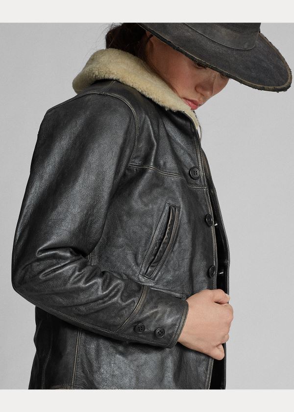 Ralph Lauren Shearling-Læder Jacket Černé Krém | OxNxLmoG
