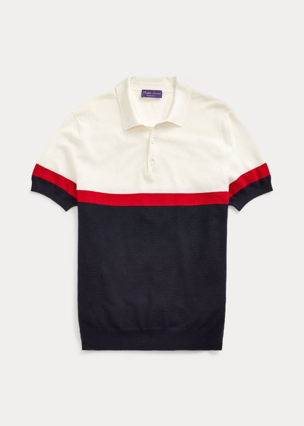 Ralph Lauren Silk-Blend Polo-Collar Svetrové Tmavě Blankyt Bílé Červené | ZR0y1qc7