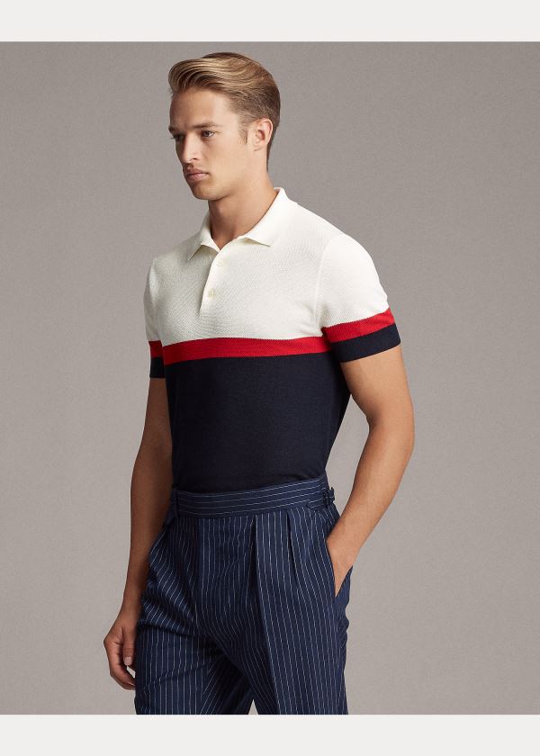 Ralph Lauren Silk-Blend Polo-Collar Svetrové Tmavě Blankyt Bílé Červené | ZR0y1qc7