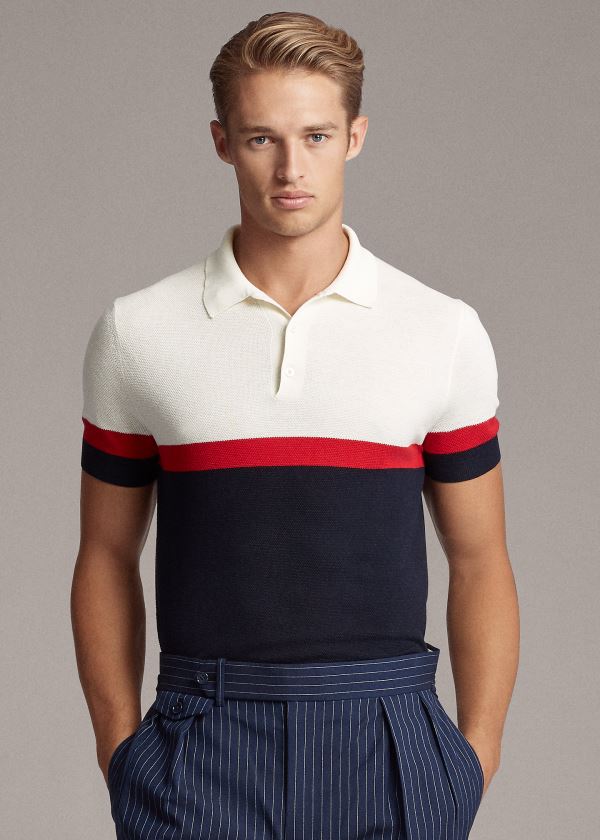 Ralph Lauren Silk-Blend Polo-Collar Svetrové Tmavě Blankyt Bílé Červené | ZR0y1qc7