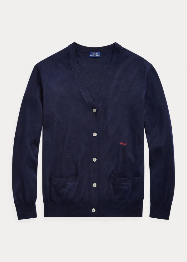 Ralph Lauren Silk-Blend V-Neck Cardigan Tmavě Blankyt | iCLE2yC1