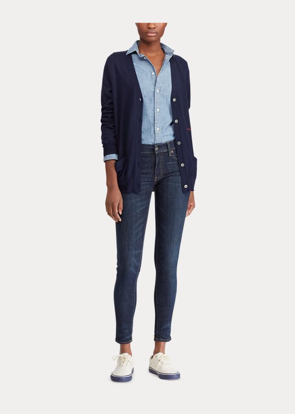Ralph Lauren Silk-Blend V-Neck Cardigan Tmavě Blankyt | iCLE2yC1
