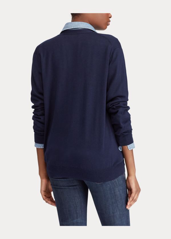 Ralph Lauren Silk-Blend V-Neck Cardigan Tmavě Blankyt | iCLE2yC1