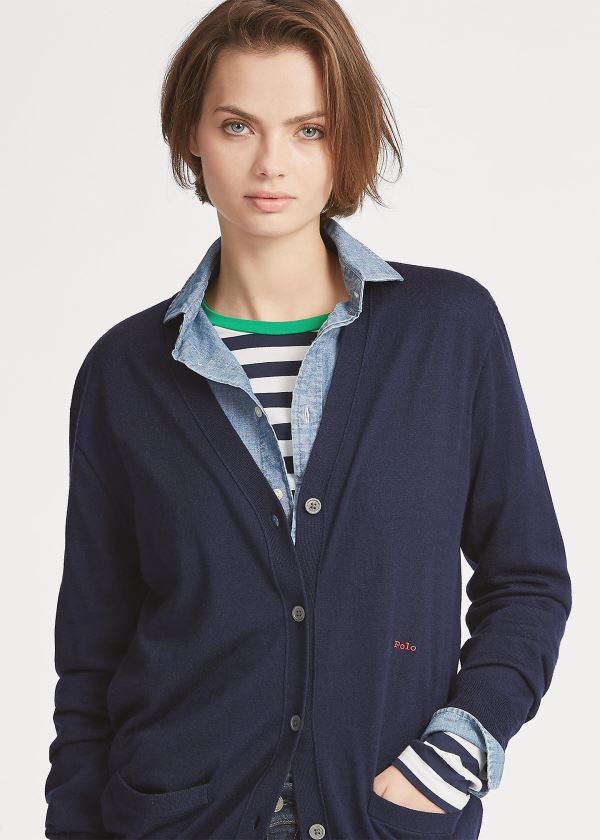 Ralph Lauren Silk-Blend V-Neck Cardigan Tmavě Blankyt | iCLE2yC1