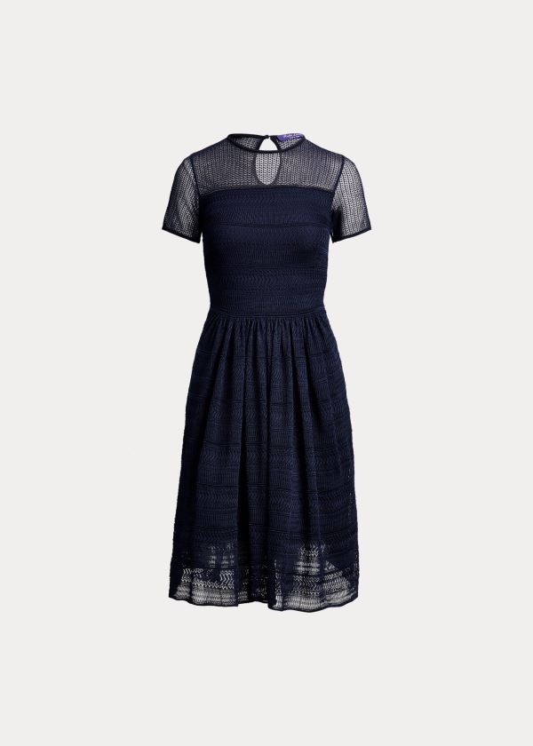 Ralph Lauren Silk Geometric-Krajkové Šaty Tmavě Blankyt | 5KLK8sUN
