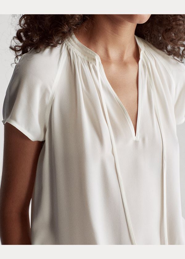 Ralph Lauren Silk Georgette Necktie Blouse Krém | yKishjVf