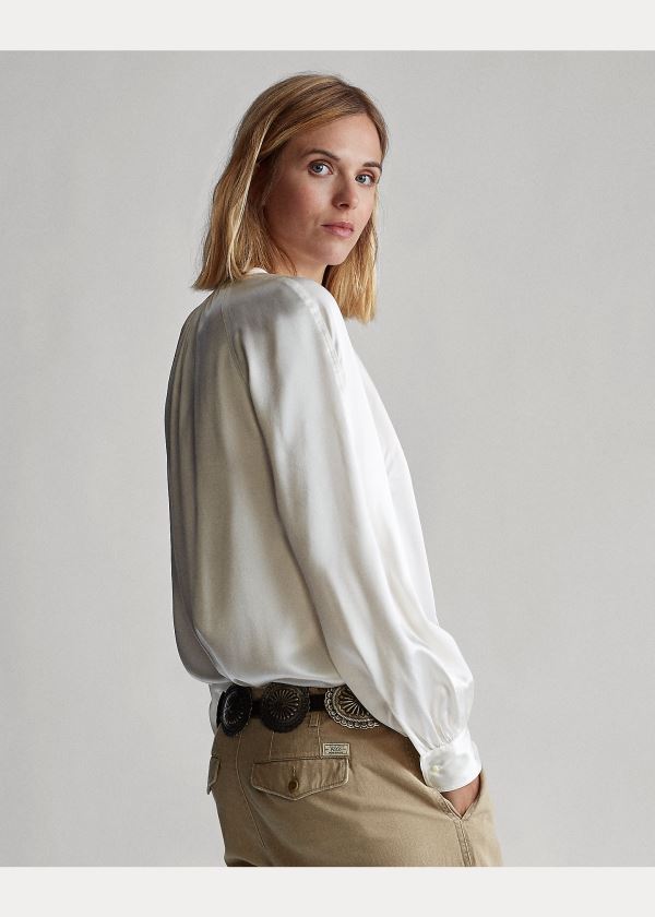Ralph Lauren Silk Tie-Neck Top Krém | aeVLkxHX