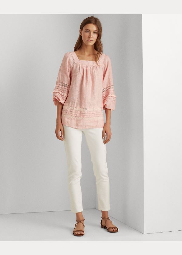 Ralph Lauren Striped Balloon-Sleeve Top Koralove Bílé | u1rrtSjy