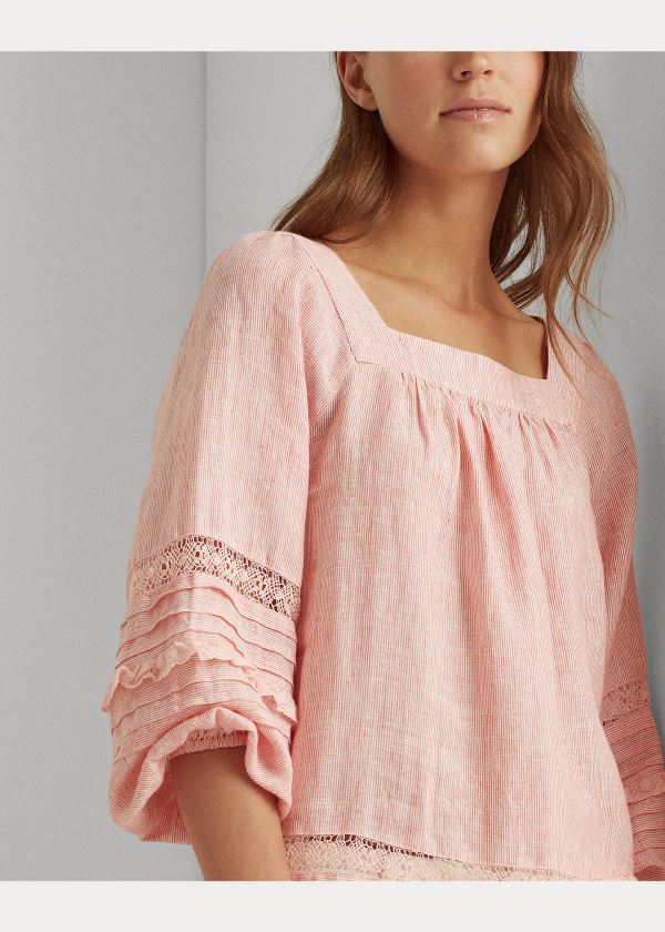 Ralph Lauren Striped Balloon-Sleeve Top Koralove Bílé | u1rrtSjy