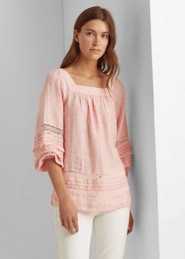 Ralph Lauren Striped Balloon-Sleeve Top Koralove Bílé | u1rrtSjy