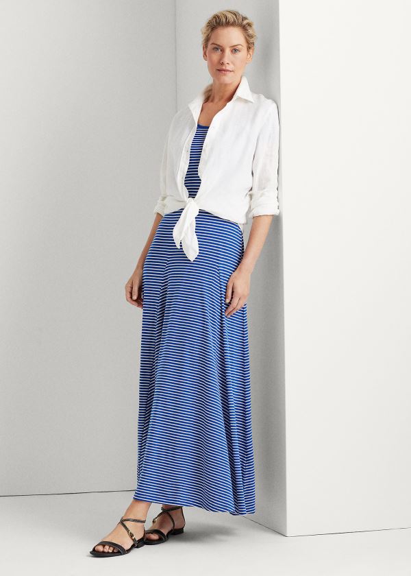 Ralph Lauren Striped Bavlněné-Blend Maxidress Blankyt Krém | bjrgsvx4