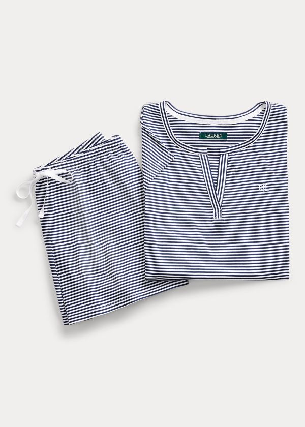 Ralph Lauren Striped Bavlněné-Blend Sleep Set Tmavě Blankyt Proužek | bjQY33o9