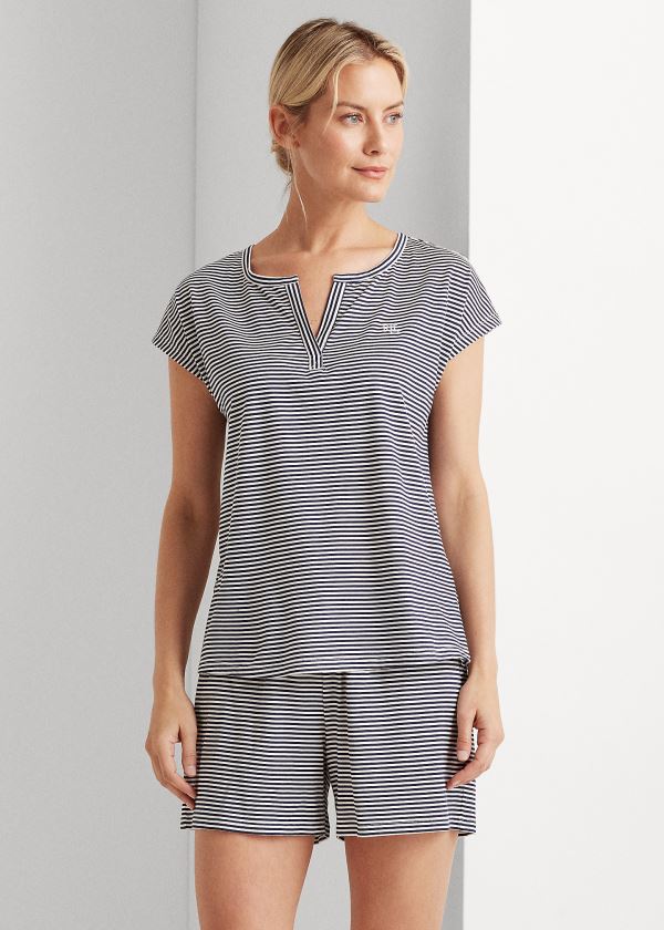 Ralph Lauren Striped Bavlněné-Blend Sleep Set Tmavě Blankyt Proužek | bjQY33o9