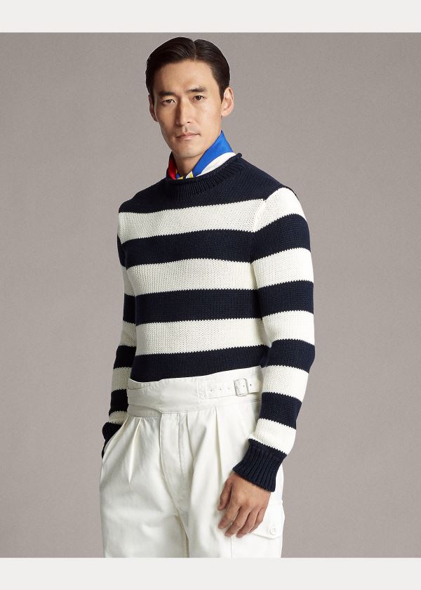 Ralph Lauren Striped Bavlněné-Blend Svetrové Tmavě Blankyt Bílé | uPO4O1Nl