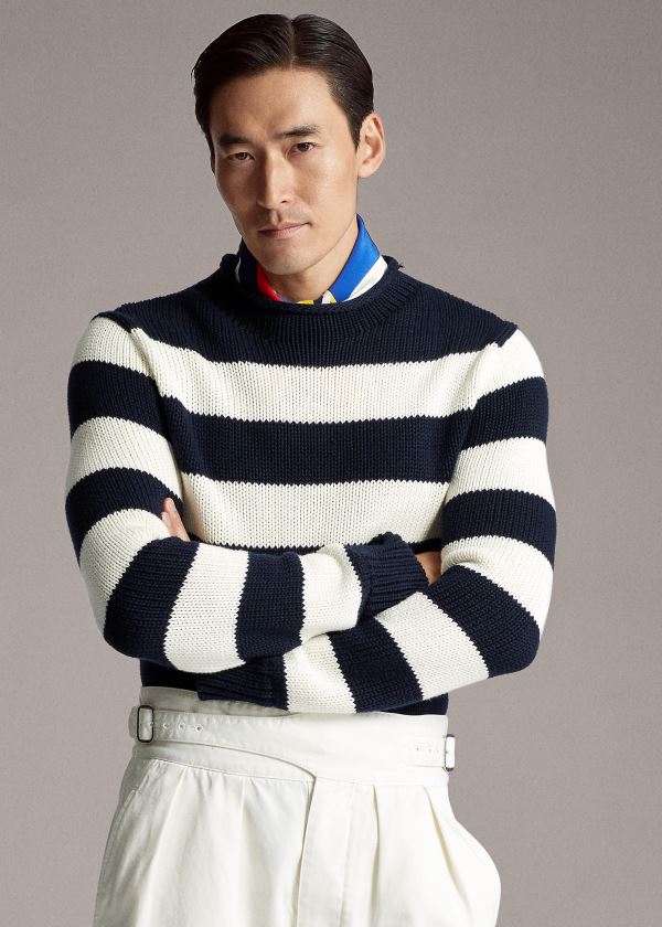 Ralph Lauren Striped Bavlněné-Blend Svetrové Tmavě Blankyt Bílé | uPO4O1Nl