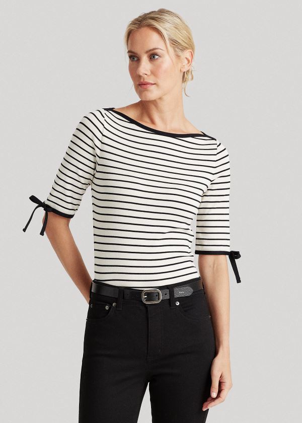 Ralph Lauren Striped Bavlněné-Blend Top Krém Černé | 6y0uzi0u