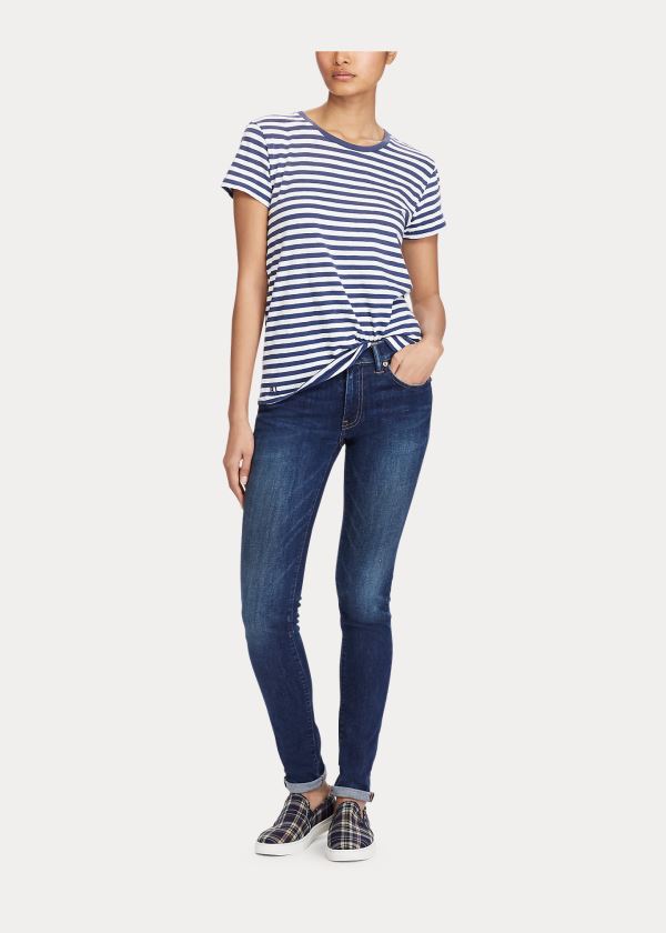 Ralph Lauren Striped Bavlněné Jersey T-Shirt Tmavě Blankyt Krém | lCNNrpQA