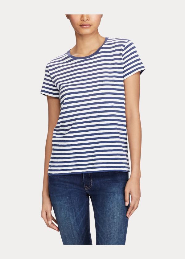 Ralph Lauren Striped Bavlněné Jersey T-Shirt Tmavě Blankyt Krém | lCNNrpQA