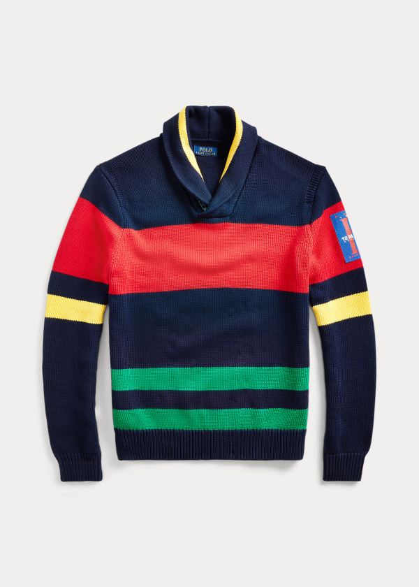 Ralph Lauren Striped Bavlněné Shawl Svetrové Tmavě Blankyt Zelene Červené Žluté | aiCzVlZ9