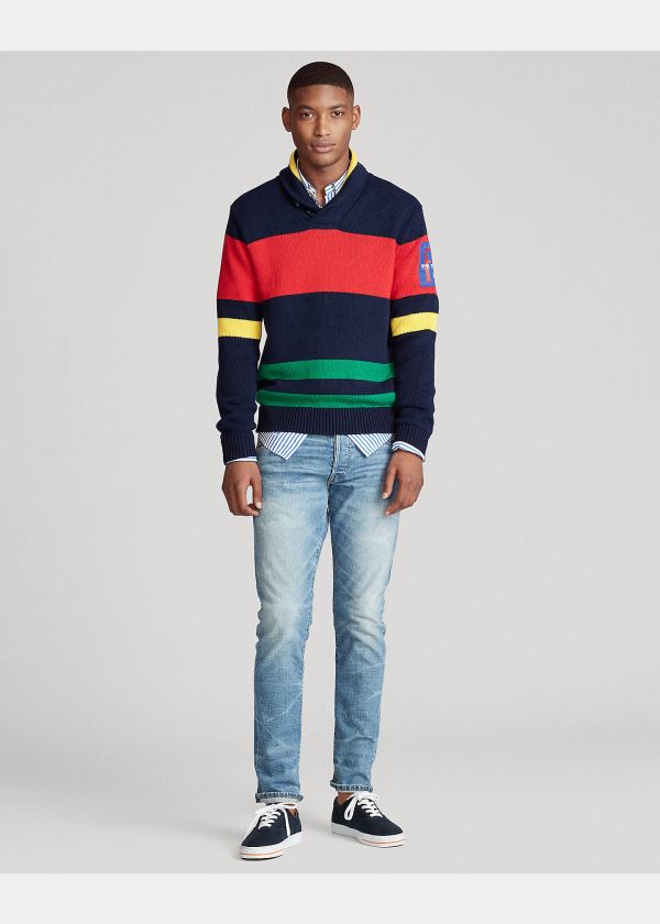 Ralph Lauren Striped Bavlněné Shawl Svetrové Tmavě Blankyt Zelene Červené Žluté | aiCzVlZ9