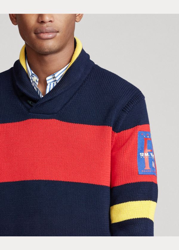 Ralph Lauren Striped Bavlněné Shawl Svetrové Tmavě Blankyt Zelene Červené Žluté | aiCzVlZ9