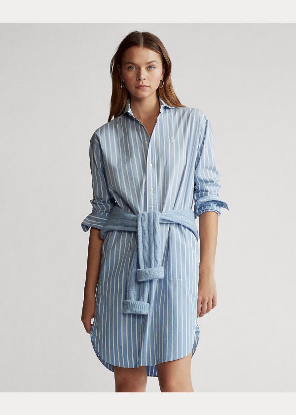 Ralph Lauren Striped Bavlněné Shirtdress Světle Blankyt Bílé | JN0ud6oM
