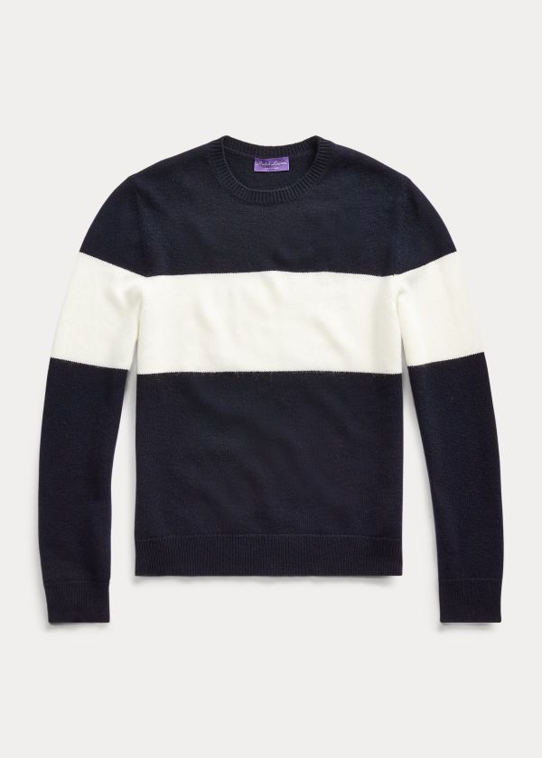 Ralph Lauren Striped Cashmere Svetrové Tmavě Blankyt Krém | O3Q2h24b