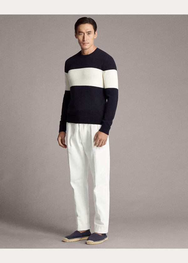 Ralph Lauren Striped Cashmere Svetrové Tmavě Blankyt Krém | O3Q2h24b