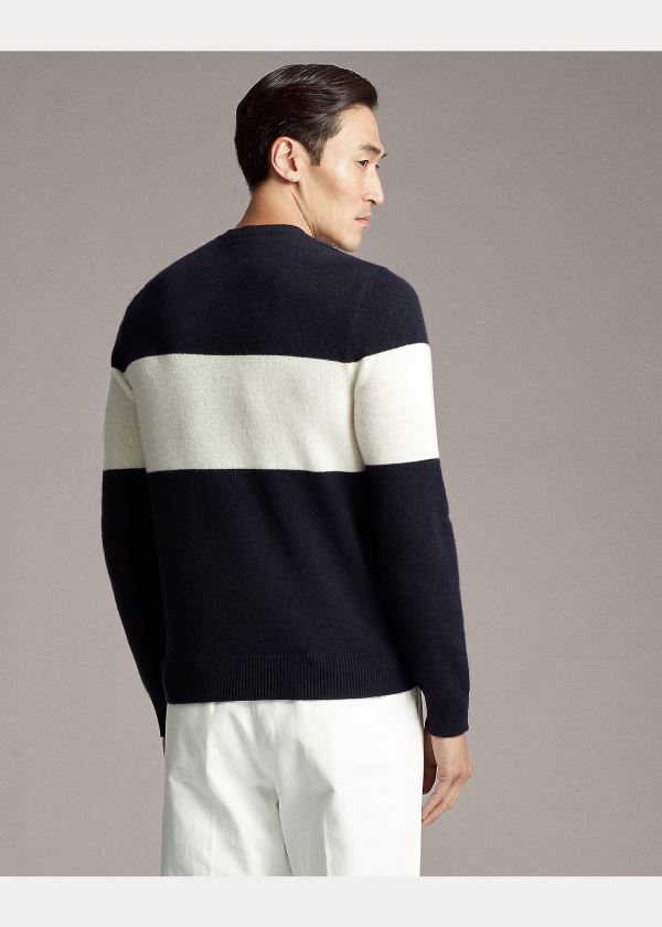 Ralph Lauren Striped Cashmere Svetrové Tmavě Blankyt Krém | O3Q2h24b
