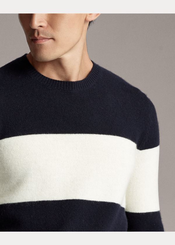 Ralph Lauren Striped Cashmere Svetrové Tmavě Blankyt Krém | O3Q2h24b