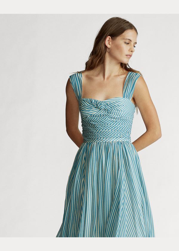 Ralph Lauren Striped Fit-and-Flare Šaty Světle Blankyt Krém | nQtewMVg