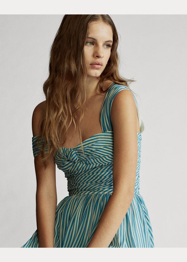 Ralph Lauren Striped Fit-and-Flare Šaty Světle Blankyt Krém | nQtewMVg
