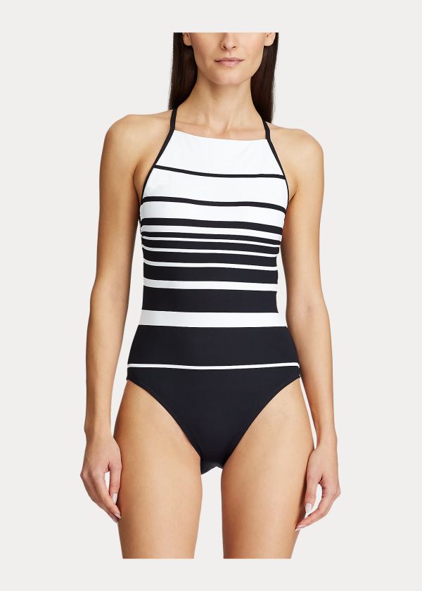 Ralph Lauren Striped High-Neck One-Piece Černé Bílé | n0FccS51