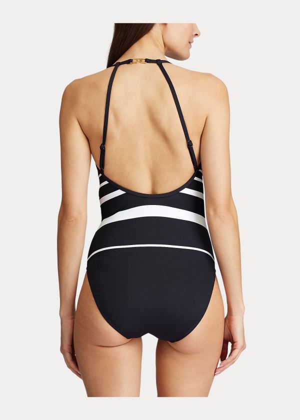 Ralph Lauren Striped High-Neck One-Piece Černé Bílé | n0FccS51