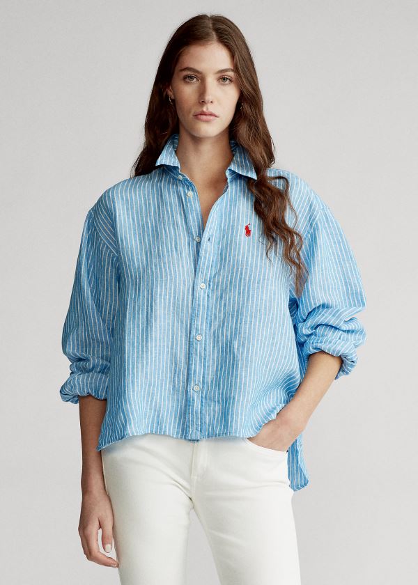 Ralph Lauren Striped Linen Shirt Blankyt Bílé | cNxsdMiF
