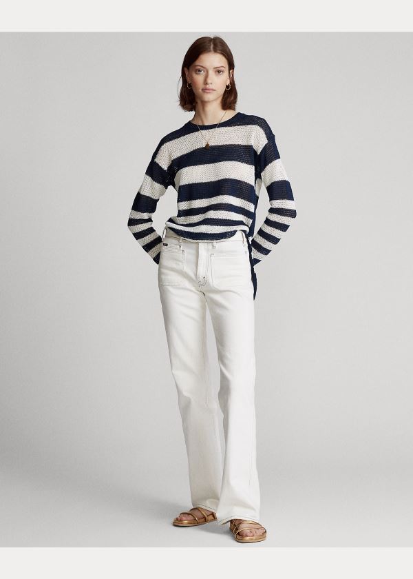 Ralph Lauren Striped Linen Svetrové Tmavě Blankyt Bílé | bwhQY4SO