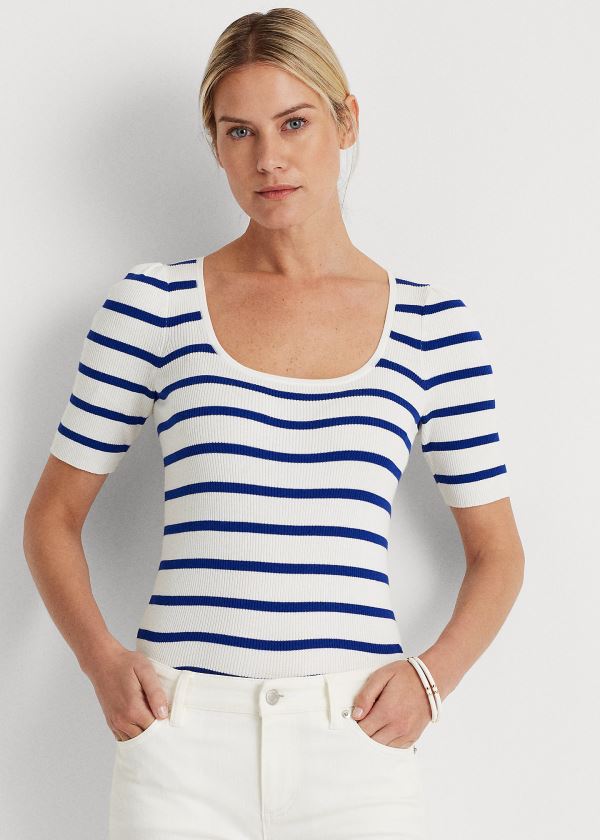 Ralph Lauren Striped Puff-Sleeve Top Bílé Královská Modrá | pdSwge3O