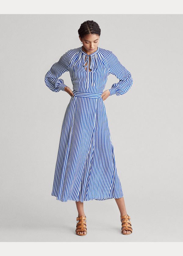 Ralph Lauren Striped Silk-Blend Šaty Královská Modrá Blankyt Bílé | WHBsQqmf