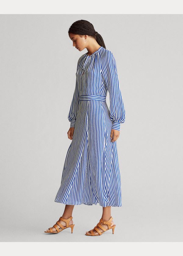 Ralph Lauren Striped Silk-Blend Šaty Královská Modrá Blankyt Bílé | WHBsQqmf