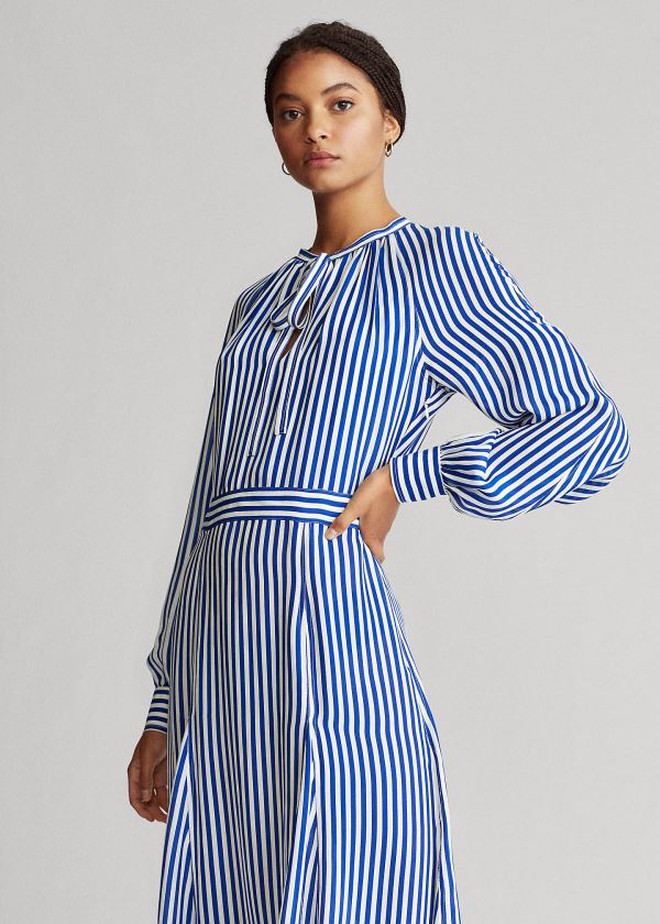 Ralph Lauren Striped Silk-Blend Šaty Královská Modrá Blankyt Bílé | WHBsQqmf
