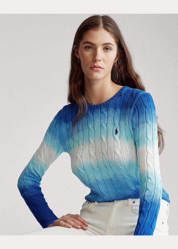 Ralph Lauren Tie-Dye Cable Bavlněné Svetrové Bílé Blankyt | pNDn93UJ