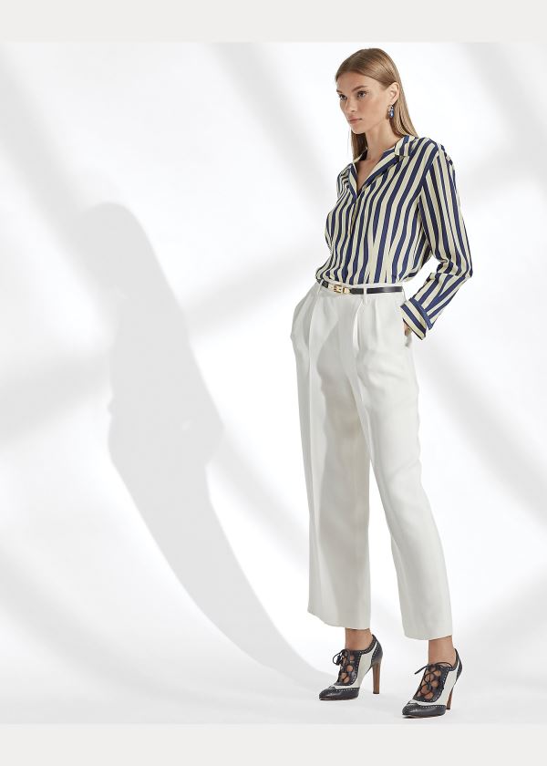 Ralph Lauren Vanna Striped Silk Shirt Tmavě Blankyt Krém | 1IIddadJ
