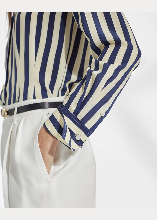 Ralph Lauren Vanna Striped Silk Shirt Tmavě Blankyt Krém | 1IIddadJ