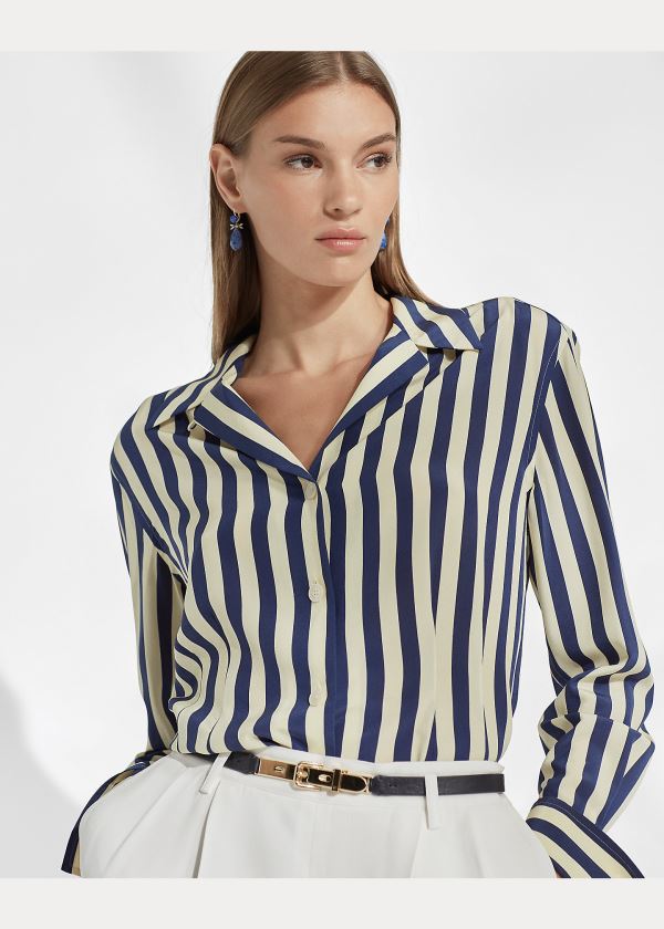 Ralph Lauren Vanna Striped Silk Shirt Tmavě Blankyt Krém | 1IIddadJ