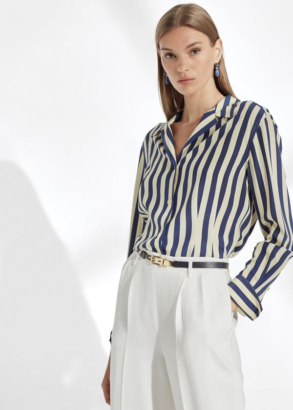 Ralph Lauren Vanna Striped Silk Shirt Tmavě Blankyt Krém | 1IIddadJ